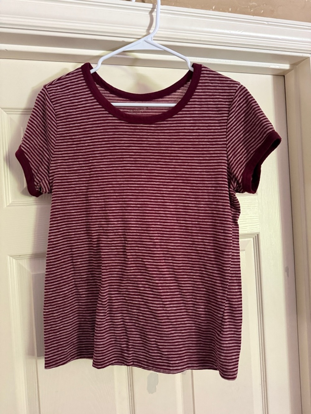Arizona Jean Company Burgundy and White Striped Short Sleeve Tee